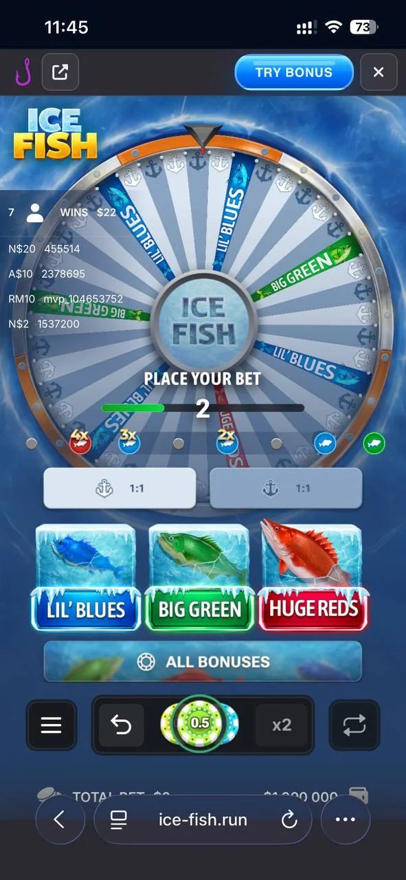 Ice Fishing demo sahifasida Safari-dagi ⋯ menyu tugmasi