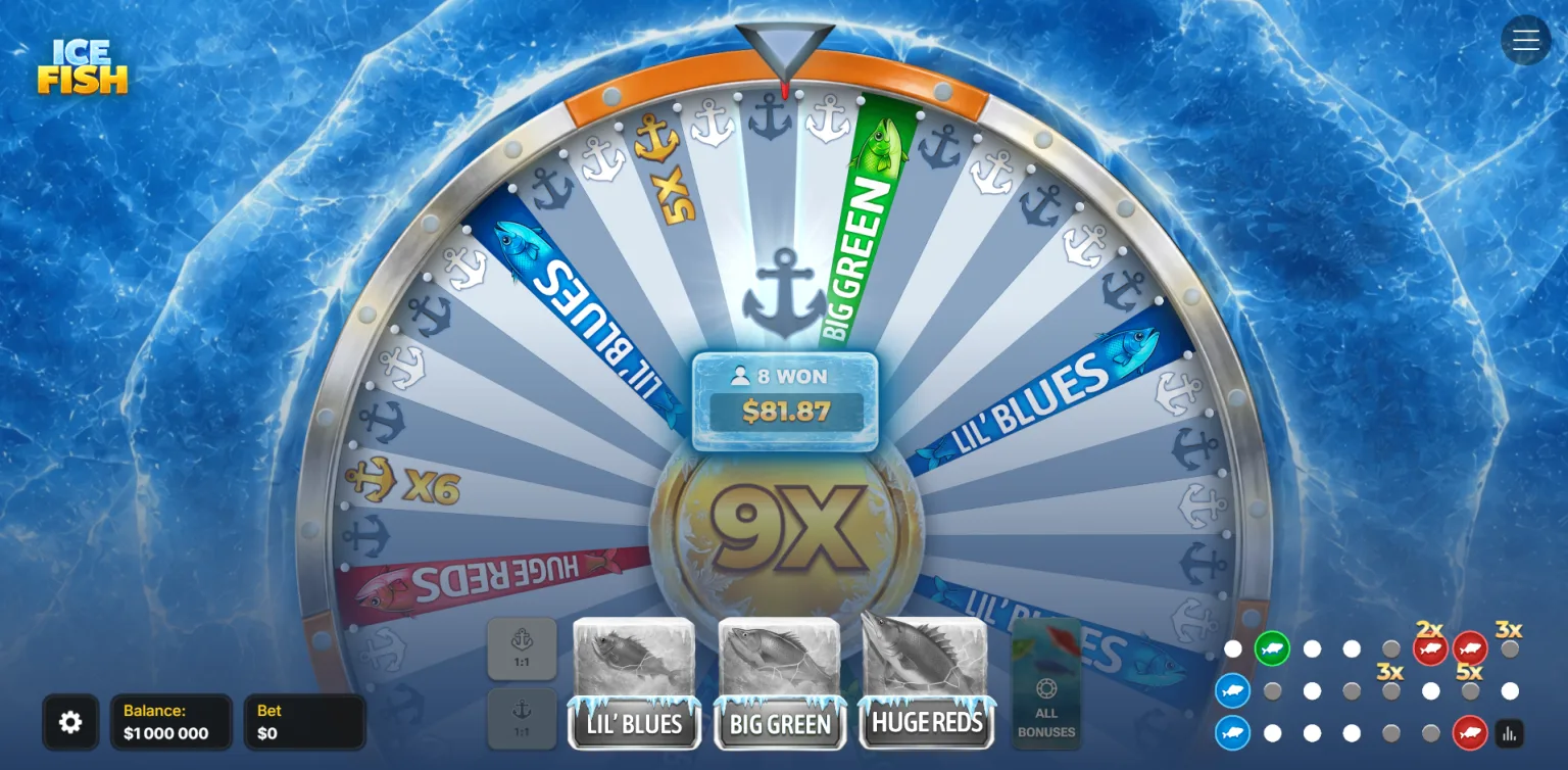 Ice Fish o'yin interfeysi va stavka maydonlari